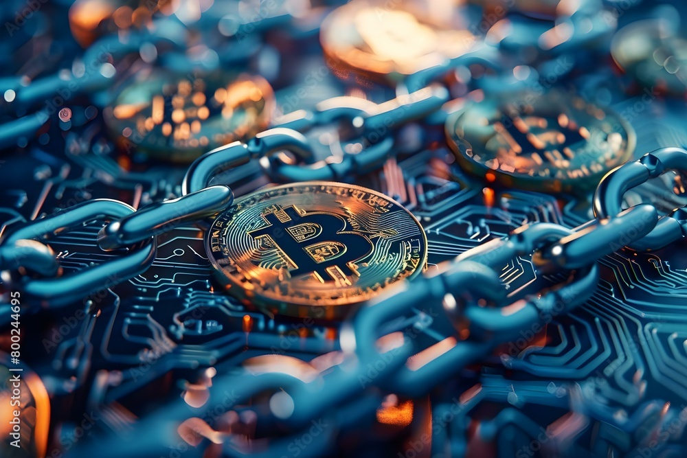 Aufkleber secure blockchain technology: fostering cryptocurrency innovation and decentralization. concept bloc