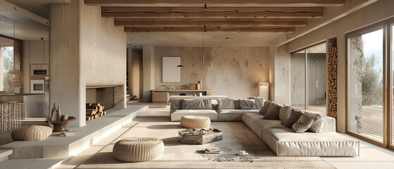Modern minimalist living room interior with large sectional sofa, fireplace and wood beams