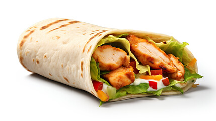 Isolated on a white background are fresh tortilla wraps with chicken and avocado.