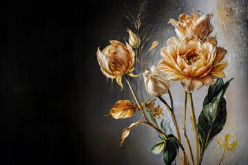 Opere d'Arte Floreali in Oro- Rose, Tulipani e Gigli su Sfondo Grunge