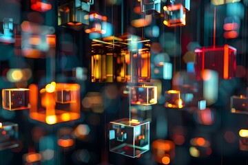 Glowing futuristic digital cubes on black background for modern design. Concept Digital Art, Futuristic Design, Glowing Cubes, Modern Aesthetics, Black Background