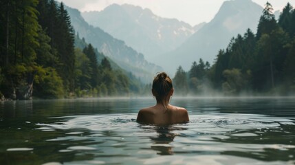 A young woman swimming in a lake