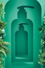 Shampoo hole with flowers for product demonstration. Concept: template and background design with...