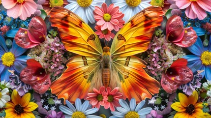 A collage of different shaped and colored flowers arranged in a symmetrical pattern resembling a butterflys wings..