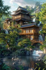 A Japanese style house with wooden architecture, nestled in the mountains surrounded by lush greenery and waterfalls