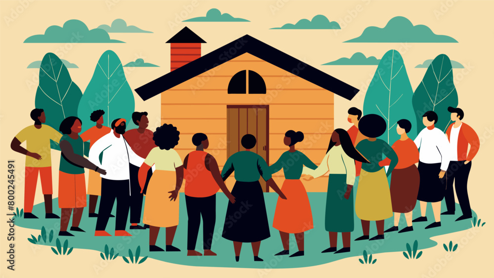 Poster an illustration of a large group of people gathered in front of a restored slave cabin holding hands