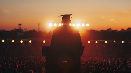 rear view of young man in cap and gown giving speech at podium on stage with large crowd, bright lights, sunset light, photo realistic, cinematic