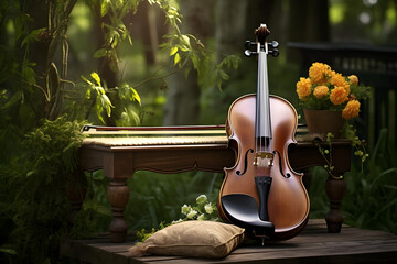 Image of a wooden violin on a rustic bench in a lush garden  ,evoking a peaceful and artistic outdoor setting