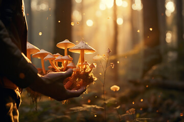 Person holding bunch of mushrooms in forest - Powered by Adobe