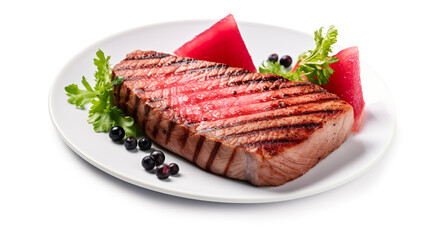 Fruit and grilled tuna steak isolated on a white background