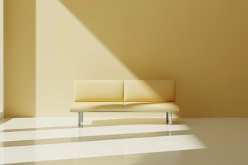 Beige sofa in a boho interior, with a beige wall background featuring a window and sunlight, a modern home decoration mockup for living room interior design.