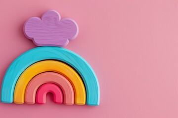 A pastel rainbow wooden toy on a pink background