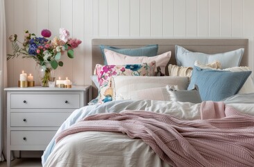 an elegant bedroom with a pastel pink and blue color palette.The white walls have a single frame.