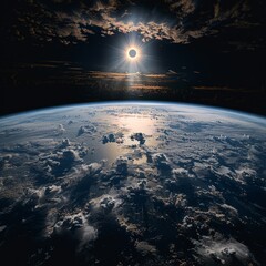 An incredible sight of Earth seen from space during a solar eclipse, capturing a breathtaking and mesmerizing moment suitable for astronomy event documentation or educational resources on science.