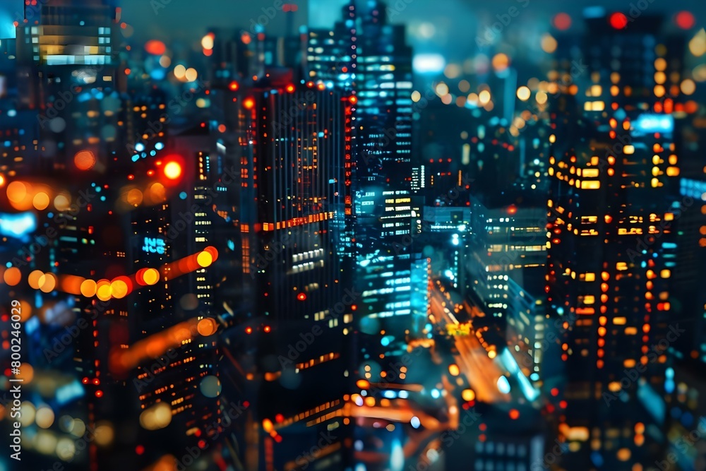 Poster illuminated digital cityscape at night with web blockchain technology and internet. concept digital 