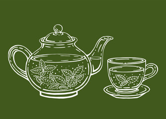Tea set with healthy green tea, mint leaves. Teapot and cup. Hand drawn vector illustration in outline style.