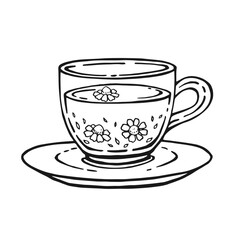 Cup of tea with healthy tea, chamomile. Hand drawn vector illustration in outline style.