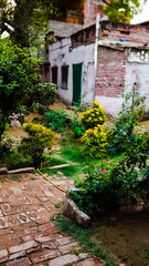 Fototapeta na wymiar old house in the garden, Garden and old house. Garden with a typical old house in French Varanasi area, life in nurul