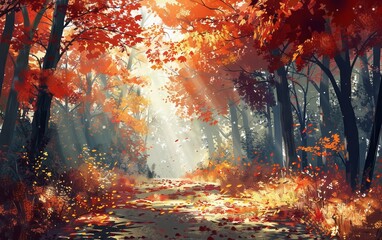 Scenic oil painting capturing the serene beauty of a vibrant autumn forest illuminated by golden sunlight.