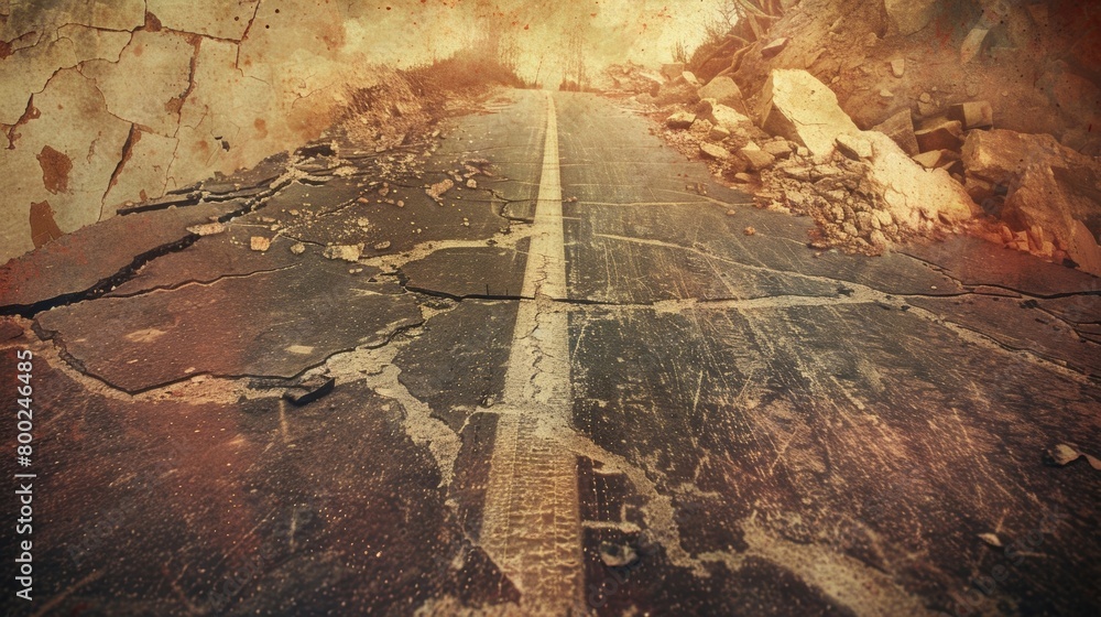 Poster an image of a debriscovered road after an earthquake with the message dont take your safety for gran