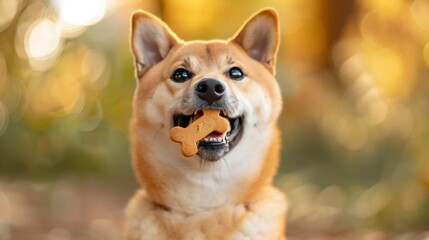 A Shiba Inu dog with its mouth open, holding one bone shaped cookie e in its teeth, looking at the camera on blurred background of a nature park