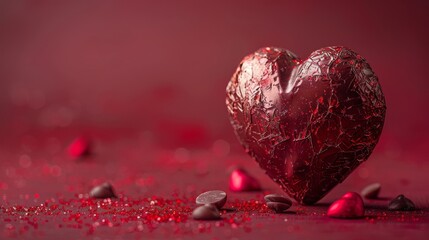 Candy in the shape of a heart on a silver background. Candy close up on a red background. - obrazy, fototapety, plakaty