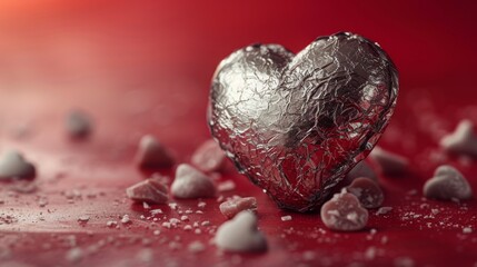The heart-shaped chocolate candy is in a silver package on a red background. The heart-shaped chocolate candy is close up on a red background. - obrazy, fototapety, plakaty