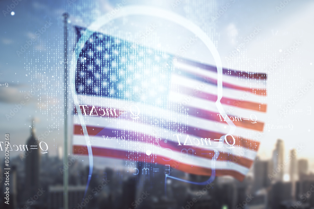 Aufkleber double exposure of creative artificial intelligence hologram on usa flag and blurry cityscape backgr