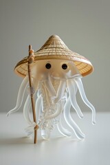 A transparent jellyfish wearing an ancient straw hat and holding a bamboo stick,