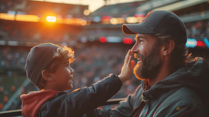 Father and son watching sports game at stadium. Generative AI