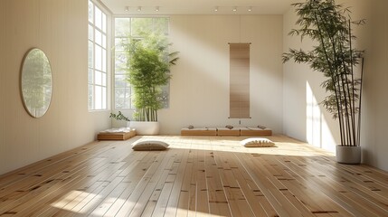 A serene yoga studio with bamboo flooring, natural light, and minimalist decor