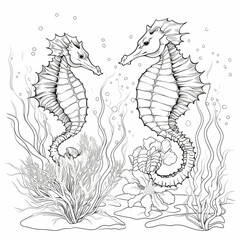 Two seahorses swimming in the ocean. Generative AI