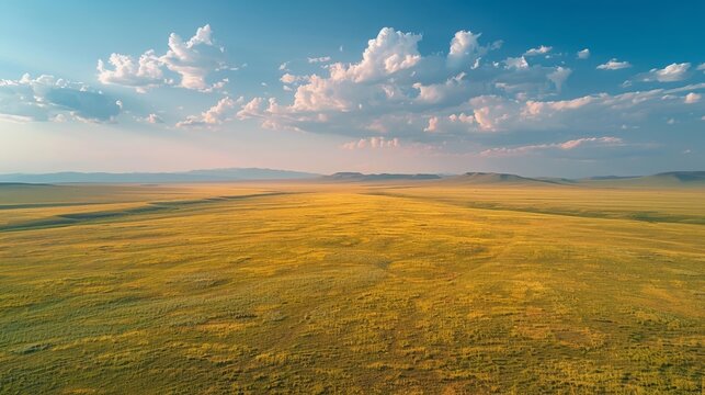 Experience the breathtaking panorama of the Mongolian grasslands from a unique aerial perspective.