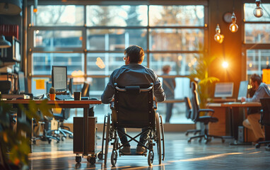 Disabled man in wheelchair working at desk. Generative AI