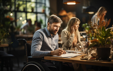 Man in wheelchair dining at restaurant table. Generative AI