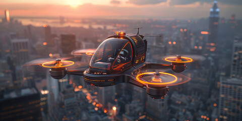 Future automated delivery drone. Technology design concept. Future tech. Drone delivery service. Taxi, cab, transportation.