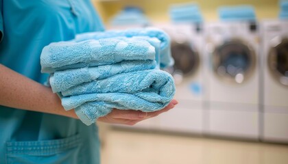 Laundry staff holding clean towels, gesturing positively in a blurred laundry room environment