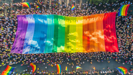 A large rainbow flag is being carried by a crowd of people. The flag is being held by a group of people in the middle of the street. The crowd is diverse, with people of different ages and backgrounds - Powered by Adobe