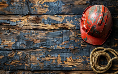 Red hard hat on wooden wall. Generative AI