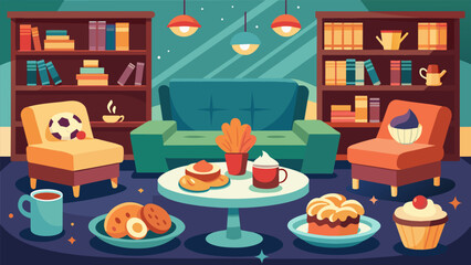 A cozy area in the bookstore cafe with plush couches and a selection of board games invites friends to share laughter and secrets over cups of warm. Vector illustration