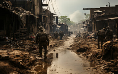 Group of soldiers walking down a muddy street. Generative AI
