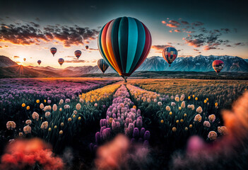 Hot air balloon in the flower field created with Generative AI technology - Powered by Adobe
