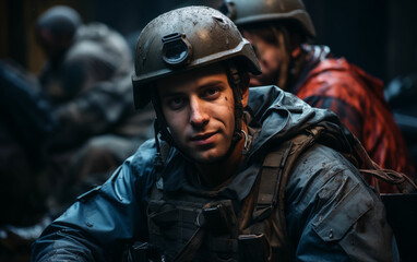 Armed man in helmet holding gun. Generative AI