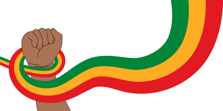 A hand drawn fist wrapped in a wavy ribbon in the colors of the Juneteenth isolated on transparent background. Freedom Day. June 19. Vector illustration