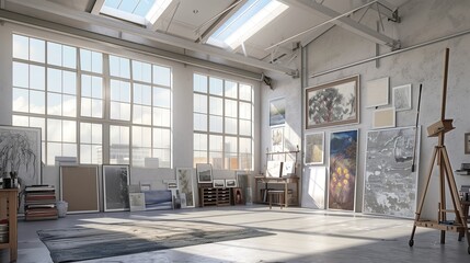 A contemporary art studio with skylights and a gallery wall 32k, full ultra hd, high resolution