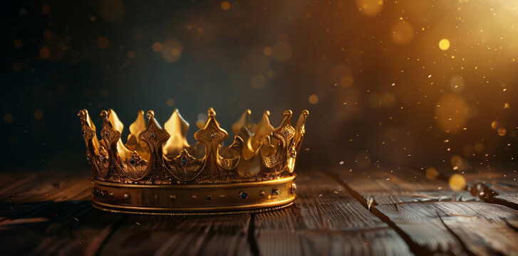 Golden king's crown on wooden table on black background, with copy space for text or design.