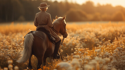 Elderly woman riding horse through field of flowers. Generative AI