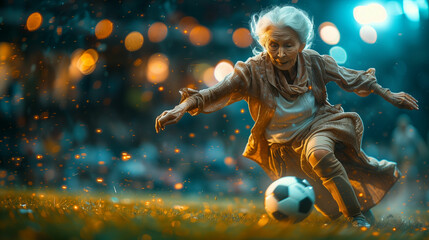 Elderly woman kicking soccer ball on field. Generative AI
