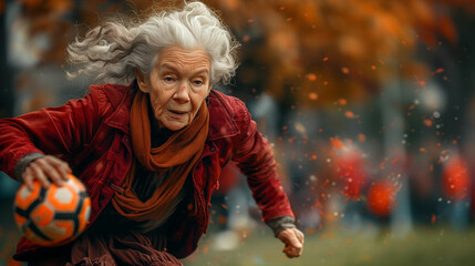 Spirited elderly woman playing with soccer ball. Generative AI