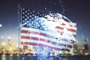 Multi exposure of abstract creative coding sketch and world map on USA flag and blurry cityscape...